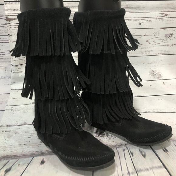 Minnetonka 3-Layer Black Fringe Boot 12" tall cowgirl western size 7 - Picture 13 of 13